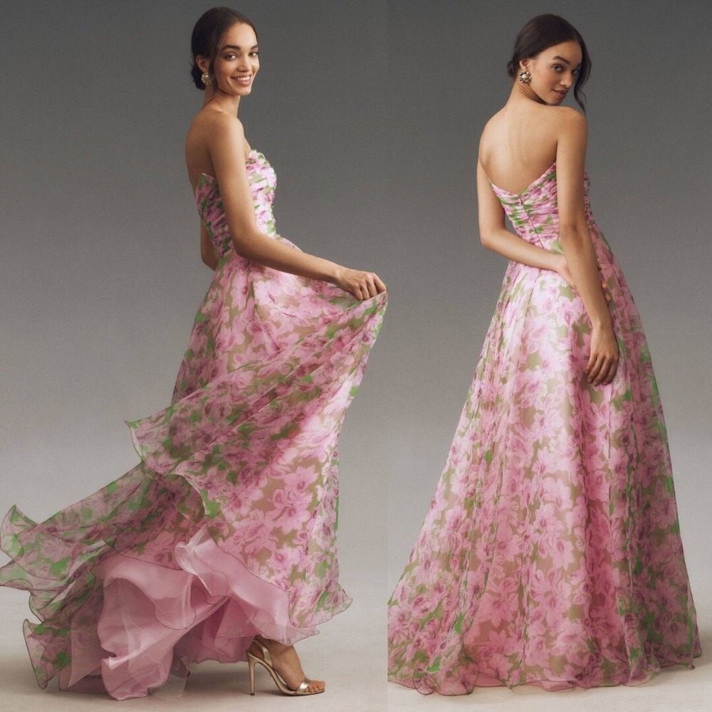 NWT Mac Duggal Pink Floral Strapless Chiffon Gown W/ Ruffle Detail $598 Size 14 - Picture 2 of 16